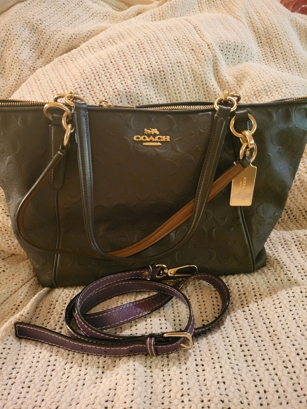 Coach Navy Blue Signature Leather Tote with Gold Hardware